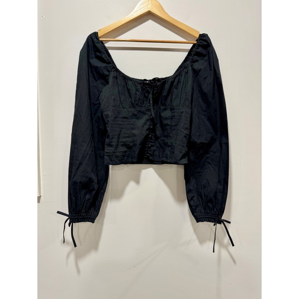 BP Black Cotton Milkmaid Crop Top Renaissance Long Sleeve Smocked Back Small
